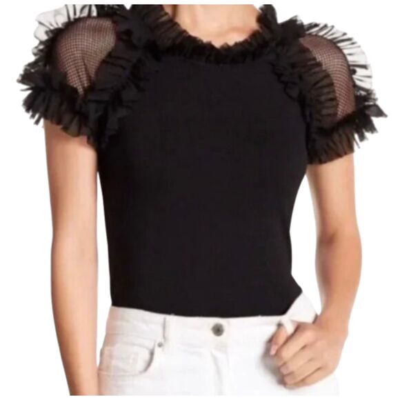 Sioni Tops - Sioni Women's Black Mixed Mesh & Ruffle Short Sleeve Blouse Size M